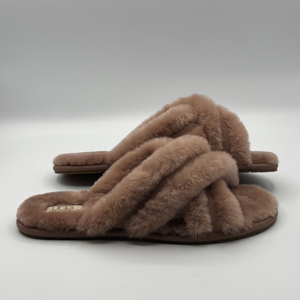 UGG Abela Slipper Women 9 Rose Quartz Sheepskin Cross Strap Slides Cozycure